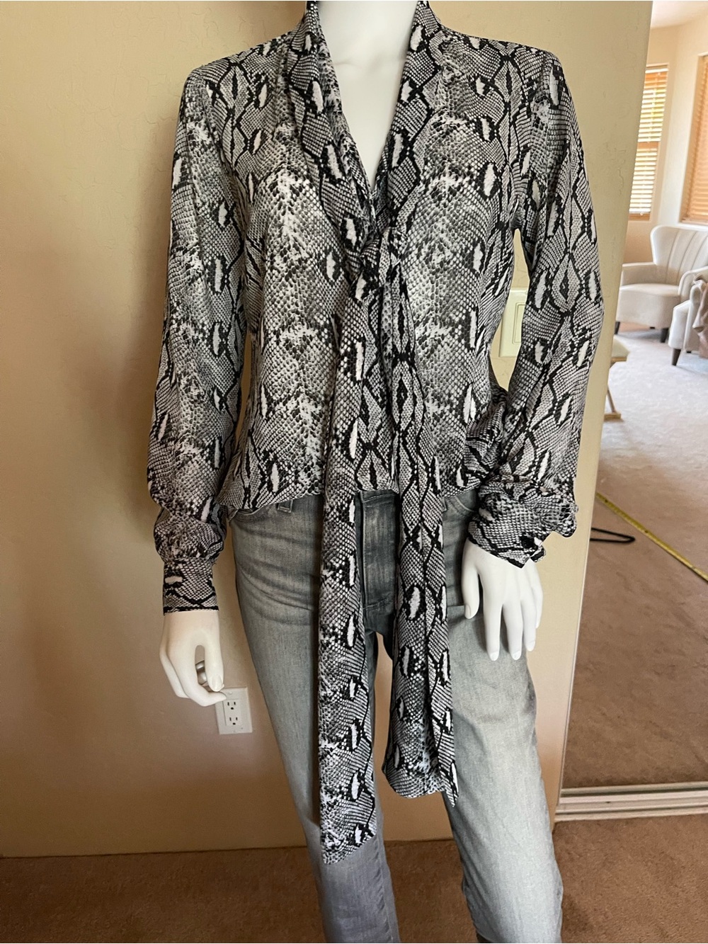 Michael Kors Snake Print Tie Neck Blouse Black White Python Print Top Size S